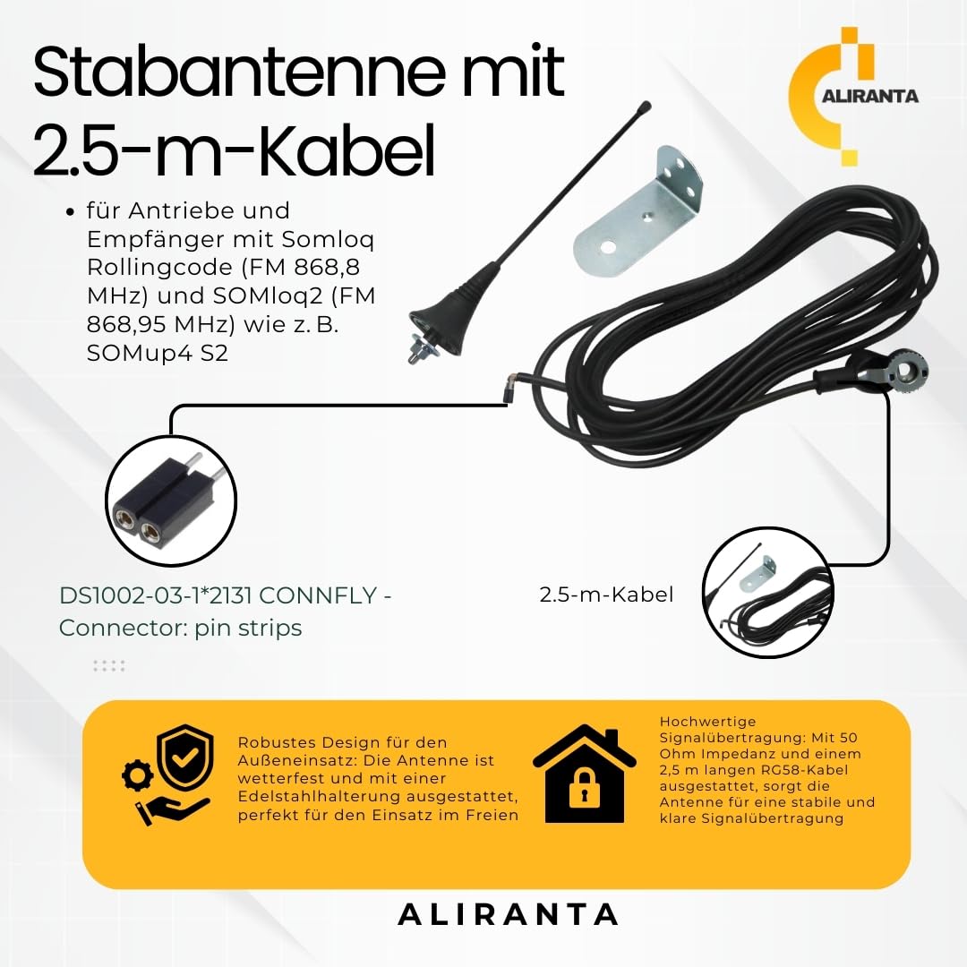Externe Antenne kompatibel mit Sommer 433MHz-868MHz – Empfangsantenne mit 50 Ohm | Kompatibel mit Somloq, SOMloq2, SOMup4 | 2,5 m RG58 Kabel | Ideal für Torantriebe bis 200m