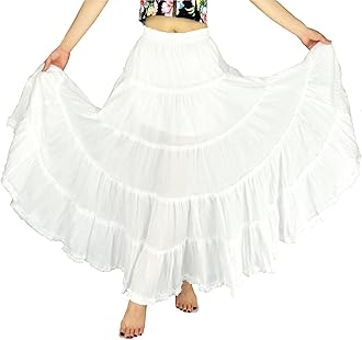 YSJERAWomen's Cotton 5 Tiered A Line Pleated Maxi Skirt Long Boho Gypsy Dance Skirts