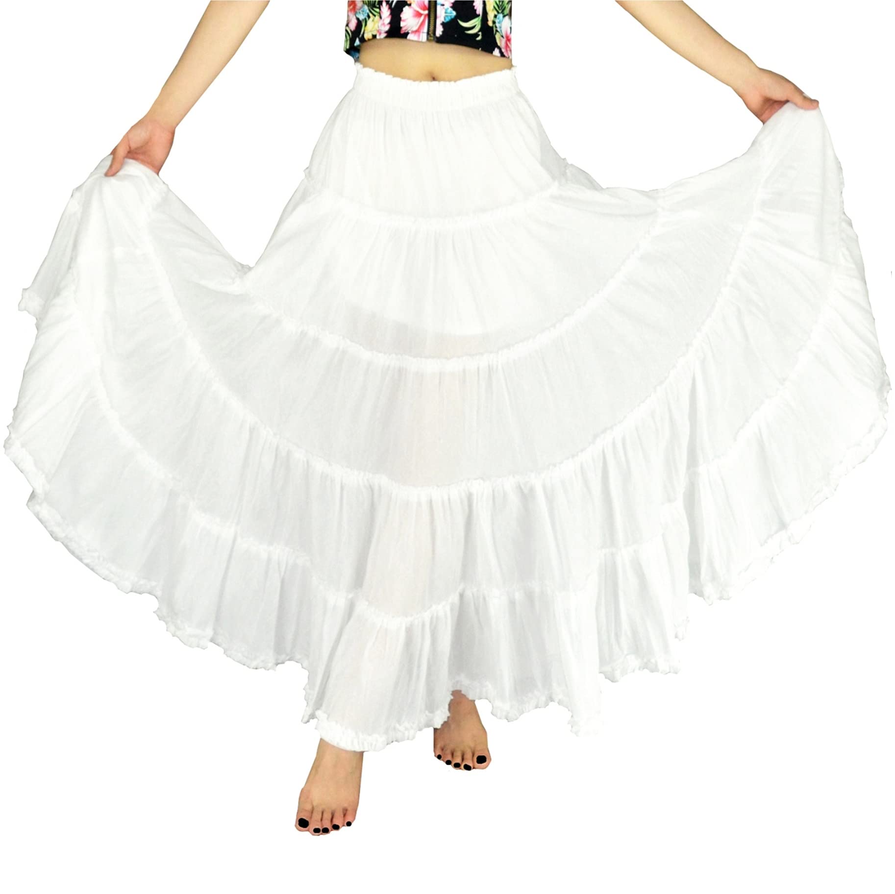 YSJERAWomen's Cotton 5 Tiered A Line Pleated Maxi Skirt Long Boho Gypsy Dance Skirts