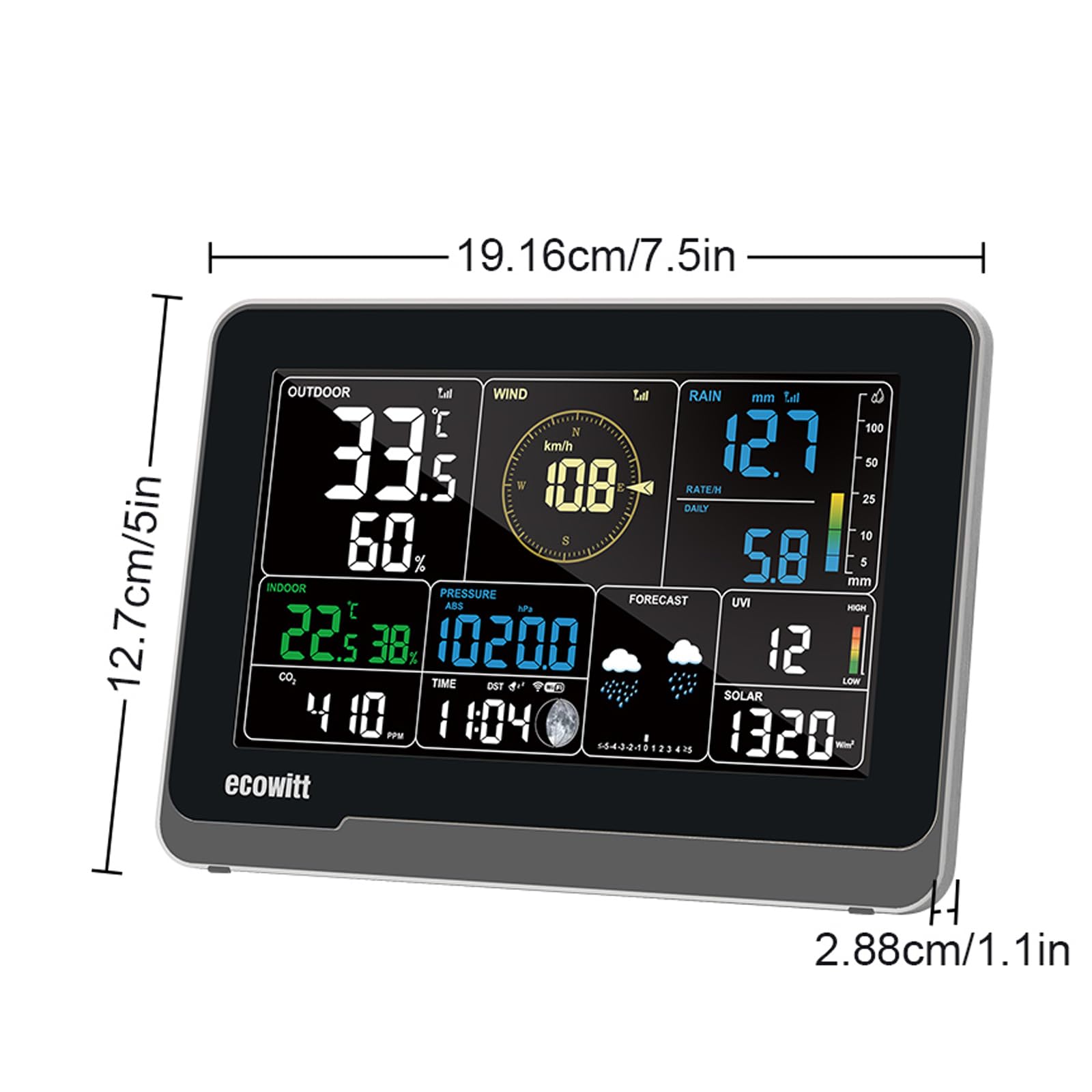 ECOWITT 3-in-1 WS3900_C Console d'intérieur LCD couleur, écran 7.5 pouces Capteurs de température, d'humidité et de pression barométrique intégrés, assistance météo pour WS90/WS85/WS69/WS80