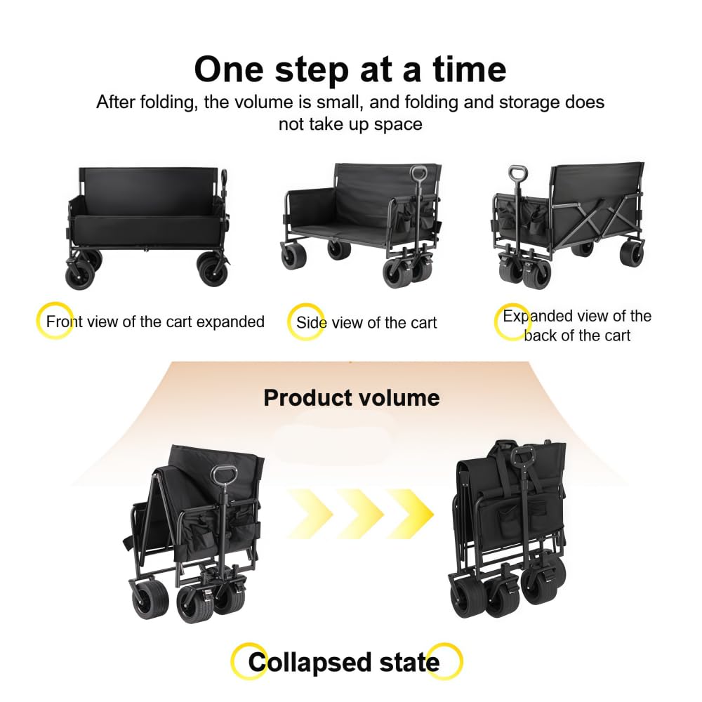 Chariot Pliable Multifonction 200kg, Plage/Camping/Courses, Roues 360° | 200kg/445LBS, chariot pliable tout-terrain, rangement compact, idéal plage/camping/courses, cadre renforcé