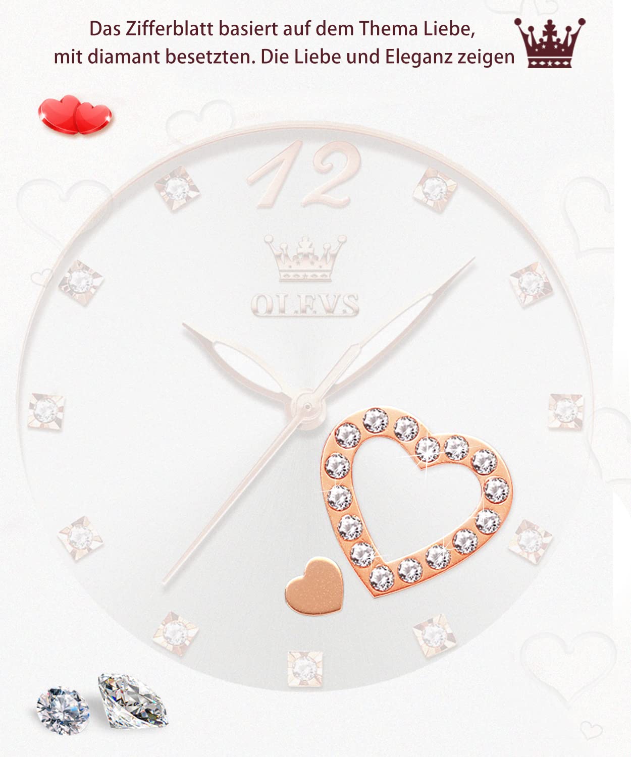 OLEVS Montre pour Femme Or Rose avec cœur Diamant Noir et Blanc Visage Quartz étanche Bracelet Ensemble Montres pour Femme