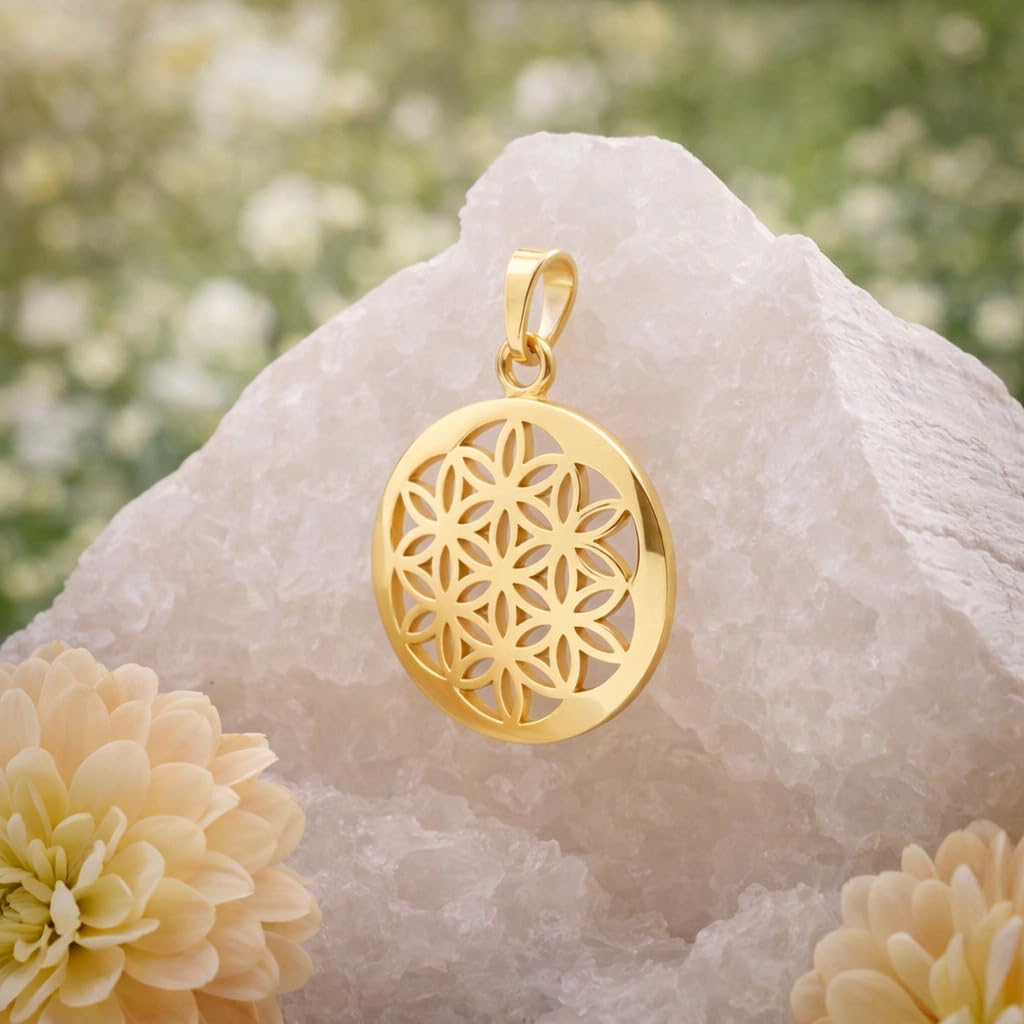 CLEVER SCHMUCK Lebensblume Damen Halskette Anhänger Blume des Lebens Ø 17 mm Sterling Silber 925 gold-plattiert Kette Panzer 45 cm im Schmucketui creme