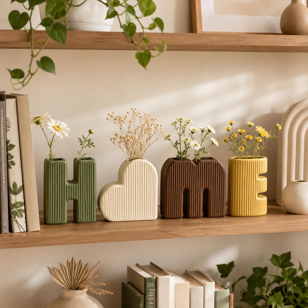 Keramik Deko Vasen 4er Set Home Form Moderne Blumenvasen | Boho Nordisch Wohnzimmer Couchtisch Regal Büro Eingangsbereich Bauernhaus Tischdeko Wohnaccessoire Dekorativ Minimalistisch