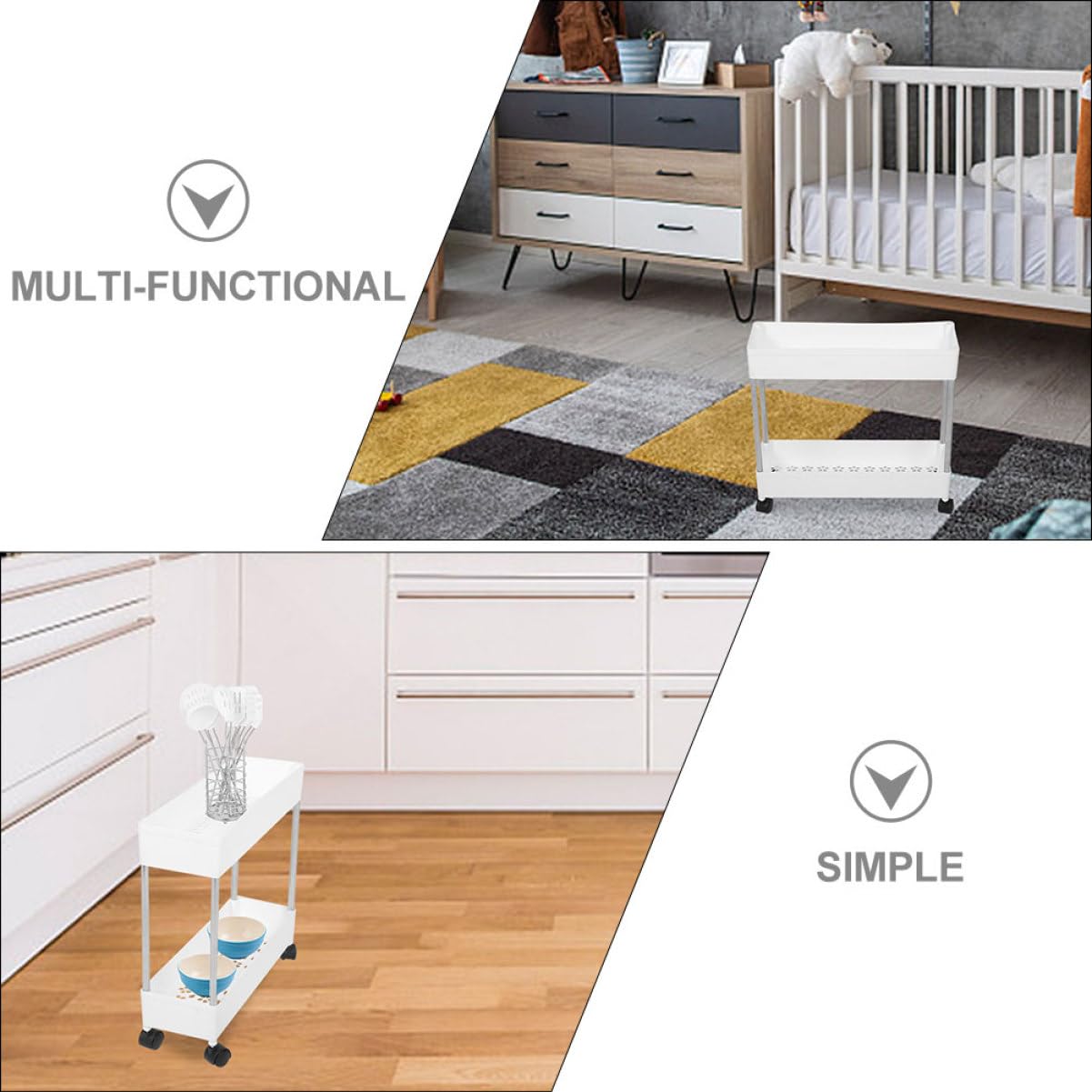 Carrello Portatutto a 3 Livelli Ruote, Struttura in Plastica e Ferro, Salvaspazio per Cucina e Bagno, Bianco