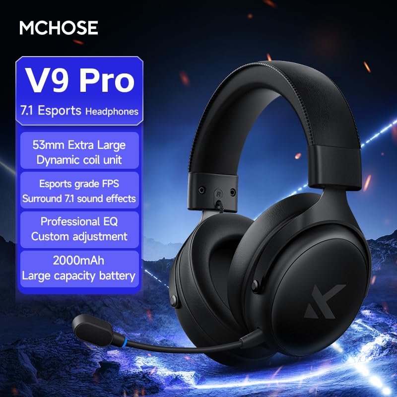 MCHOSE V9 Cuffie da gioco, suono surround 7.1, nero e rosso, in lega di alluminio, leggere da 265 g, effetti sonori EQ, cuffie da gioco FPS professionali con software, scheda audio C-Media (