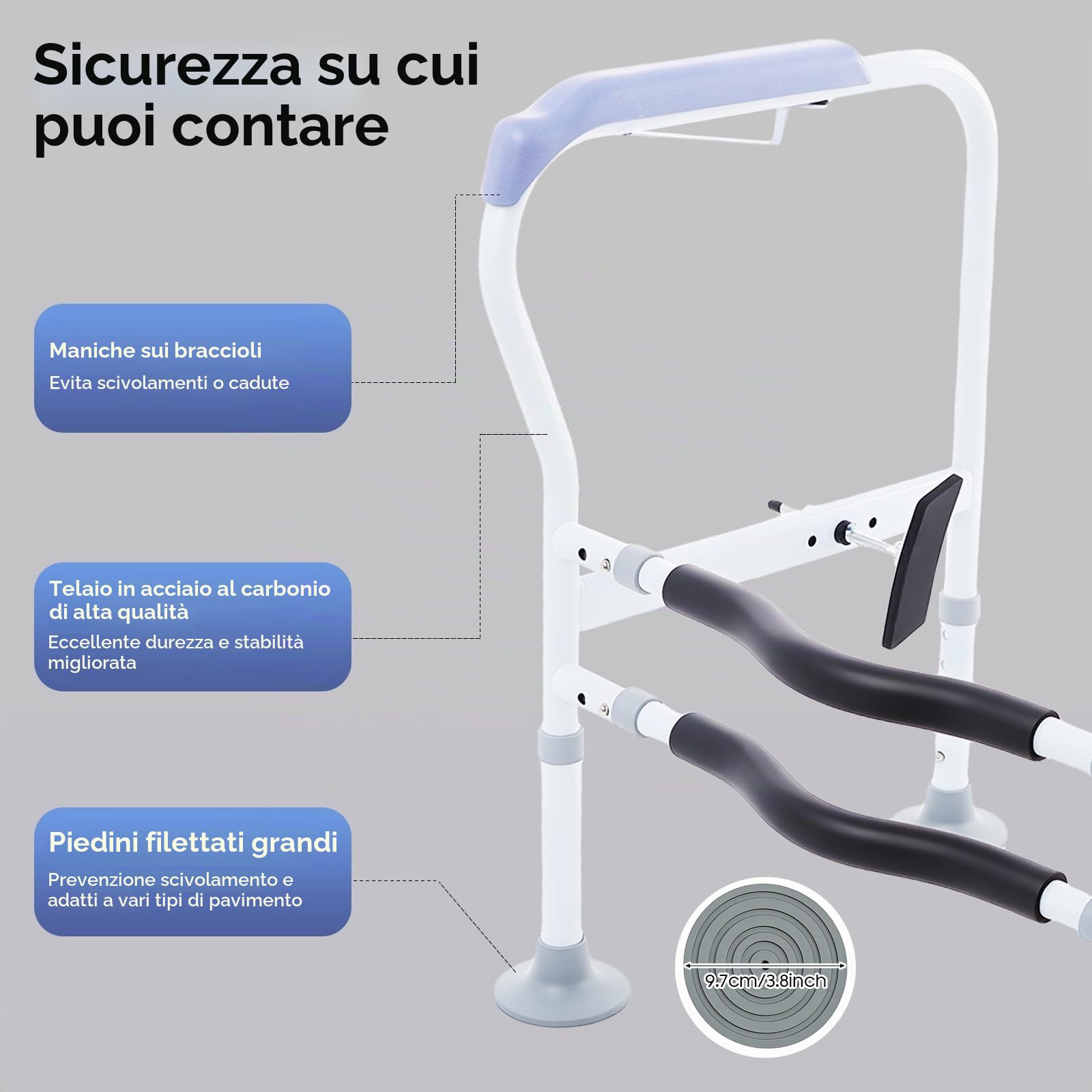 Supporto per WC, supporto per WC con grandi tappetini antiscivolo, regolabile in larghezza e altezza, per anziani disabili