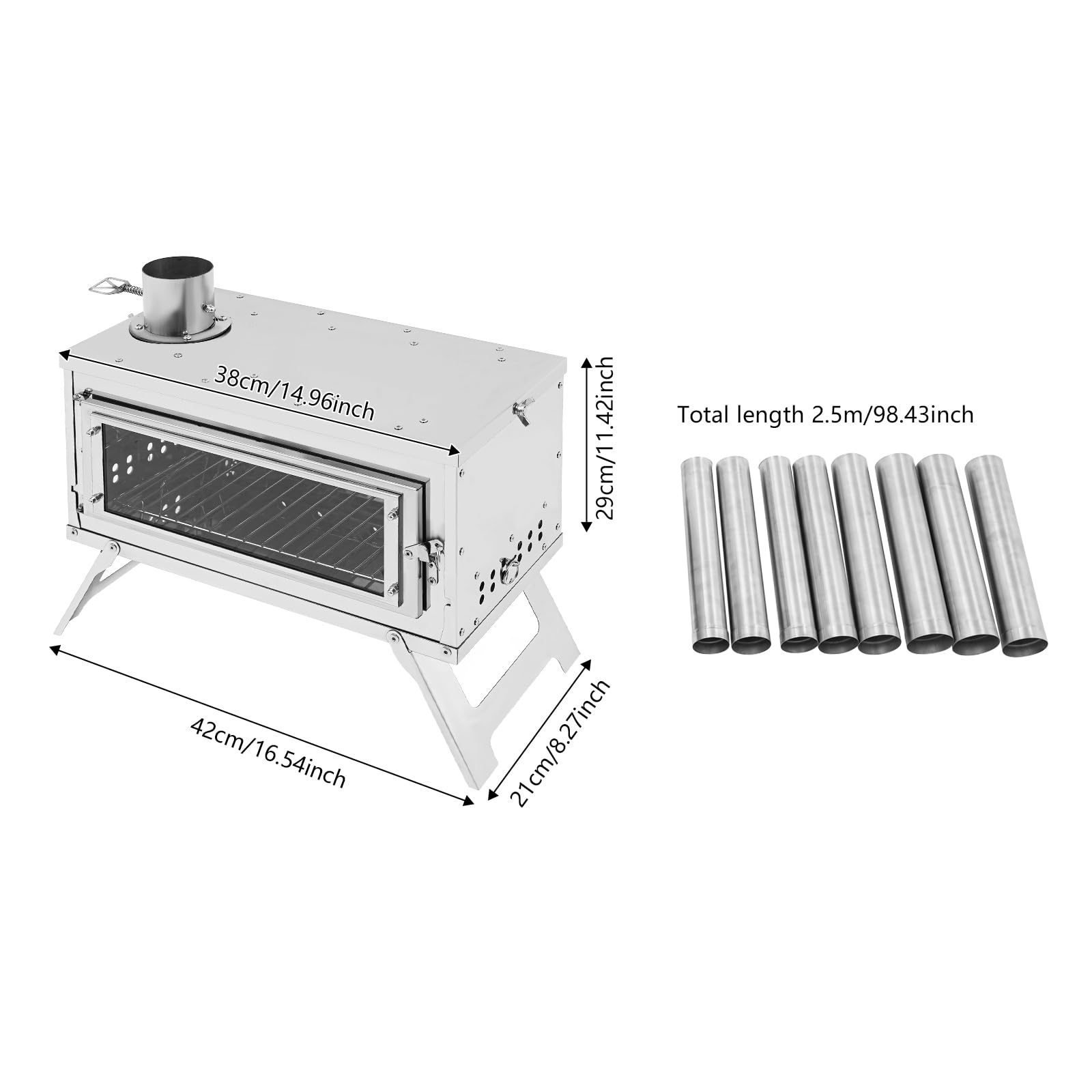 Estufa portátil de acero inoxidable con 8 tubos de chimenea, puerta de cristal transparente y puerta de humo ajustable, estufa de leña plegable para camping y exterior