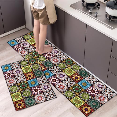 Deoxys 2 PCS Kitchen Rugs and Mats Non Skid Washable Kitchen Mat Soft Super Absorbent Anti Fatigue Kitchen Mat Runner Set Doormat Bathroom