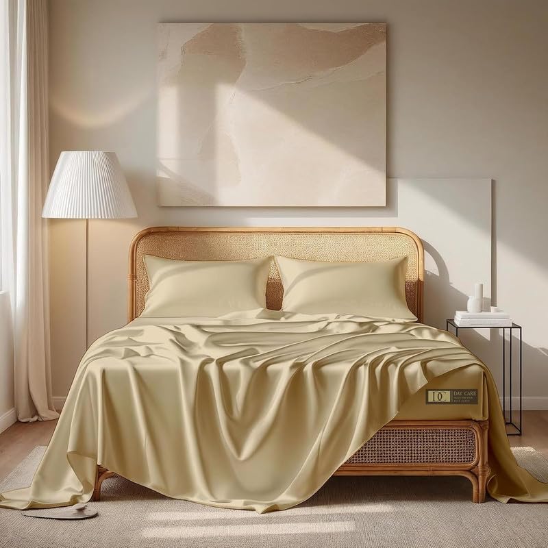 Image of Day Care-Luxury Satin Flat King Size (92x106 Inchs) Bedsheet|Ultra Soft Silky Smooth Touch|Breathable, Lightweight & Skin Friendly|Wrinkle Resistant|Beige