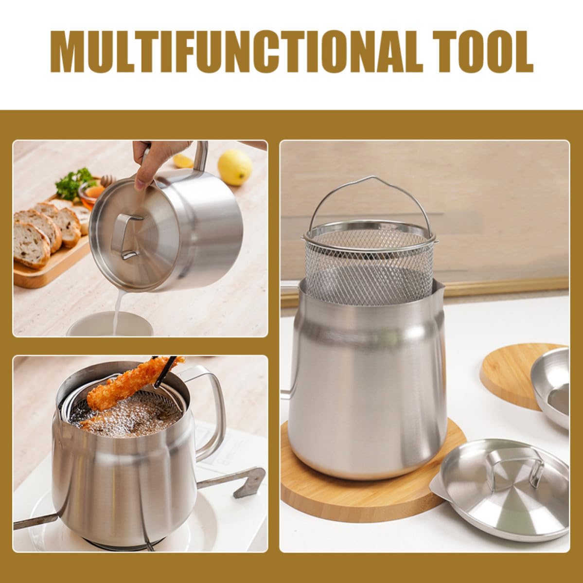 SHINEOFI Jarra de Aceite de Acero Inoxidable de 2l Filtro y Cesta para Freidora, Contenedor de Grasa para Cocina Familiar y Restaurante, Resistente y Fácil de Limpiar