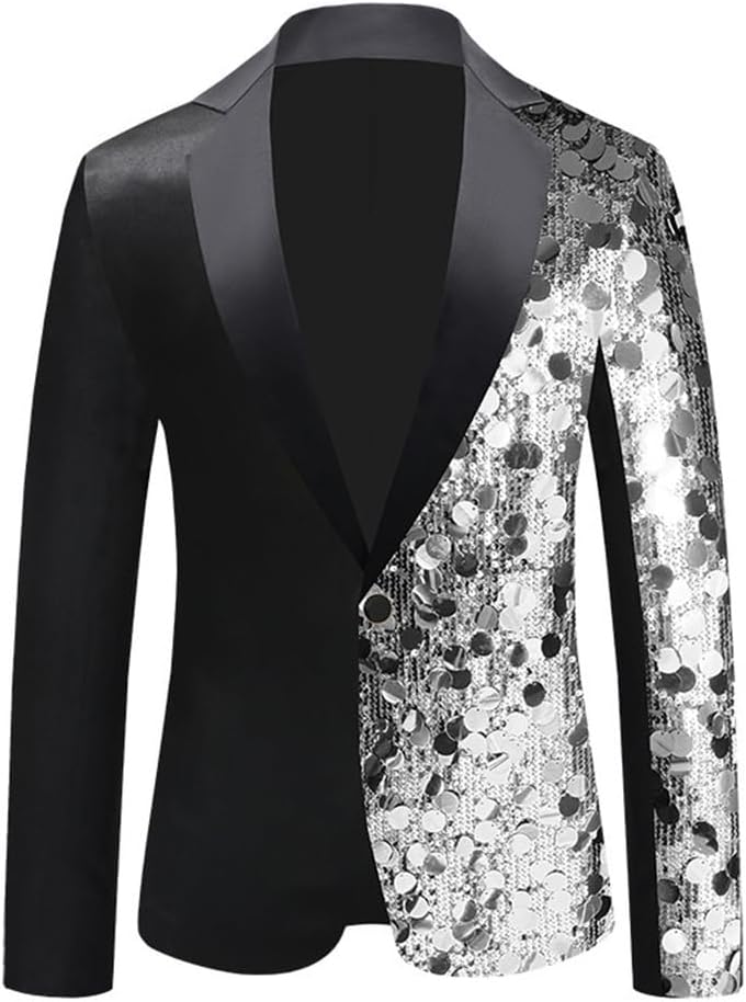 Men's Silver Sequins Suit One Button Slim Fit Shawl Lapel Blazer Lightweight Jacket Dinner Prom Party Tuxedo