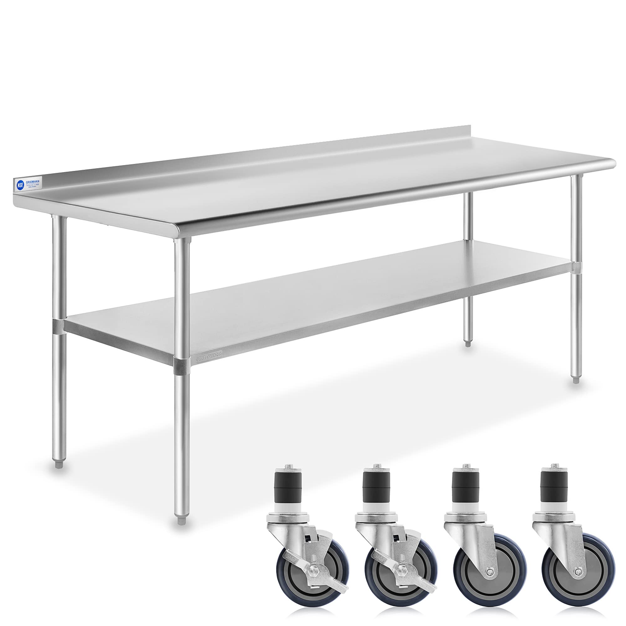 GRIDMANN Stainless Steel Table 72 in. x 24 in., NSF Commercial Kitchen Prep & Work Table w/Backsplash and Wheels