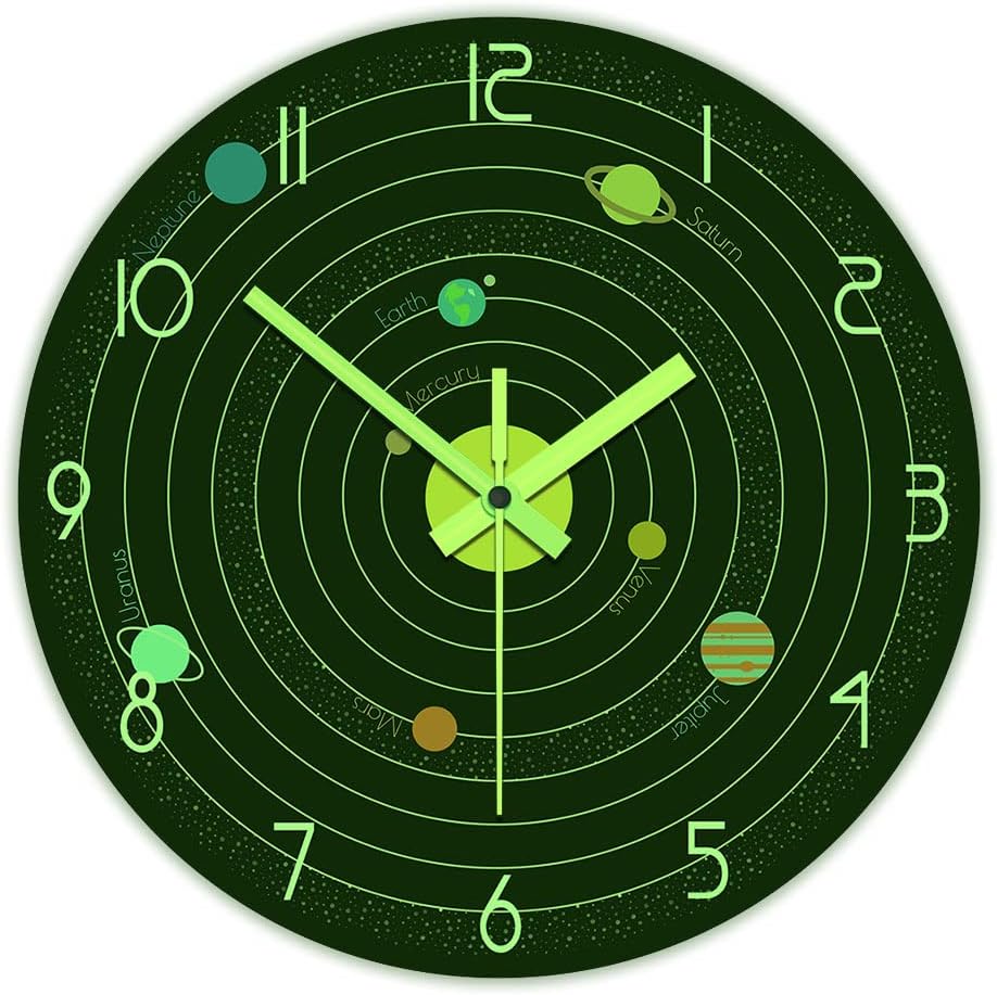 The Geeky Days Glow in The Dark Wall Clock, Solar System in Space 12inch Modern Luminous Silent Clock, Battery Operated Quartz Educational Planet Position Acrylic Print Watch Astronaut Gift