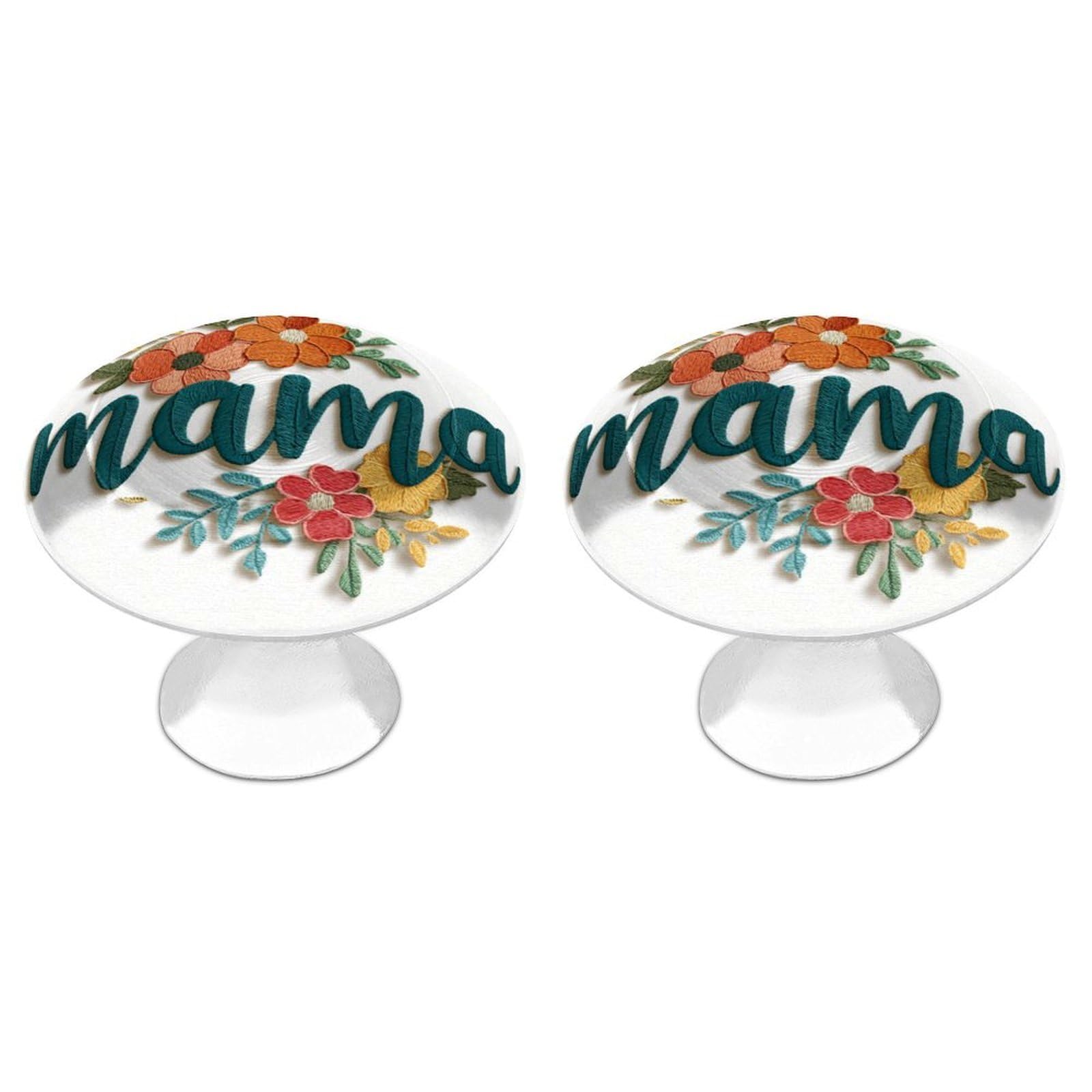 Jubonexis White Word Mama In Embroidered With Flowers Round Drawer Cabinet Knobs Handles With Screws,2 Pcs, Drawer Dresser Knob Pulls Decor For Wardrobe Cupboard Home Office Kitchen