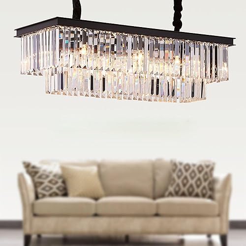MEELIGHTING L39.4 W10.2 Rectangle Modern Crystal Chandeliers Lighting Pendant Ceiling Lights Fixture Lamp for Dining Living Room