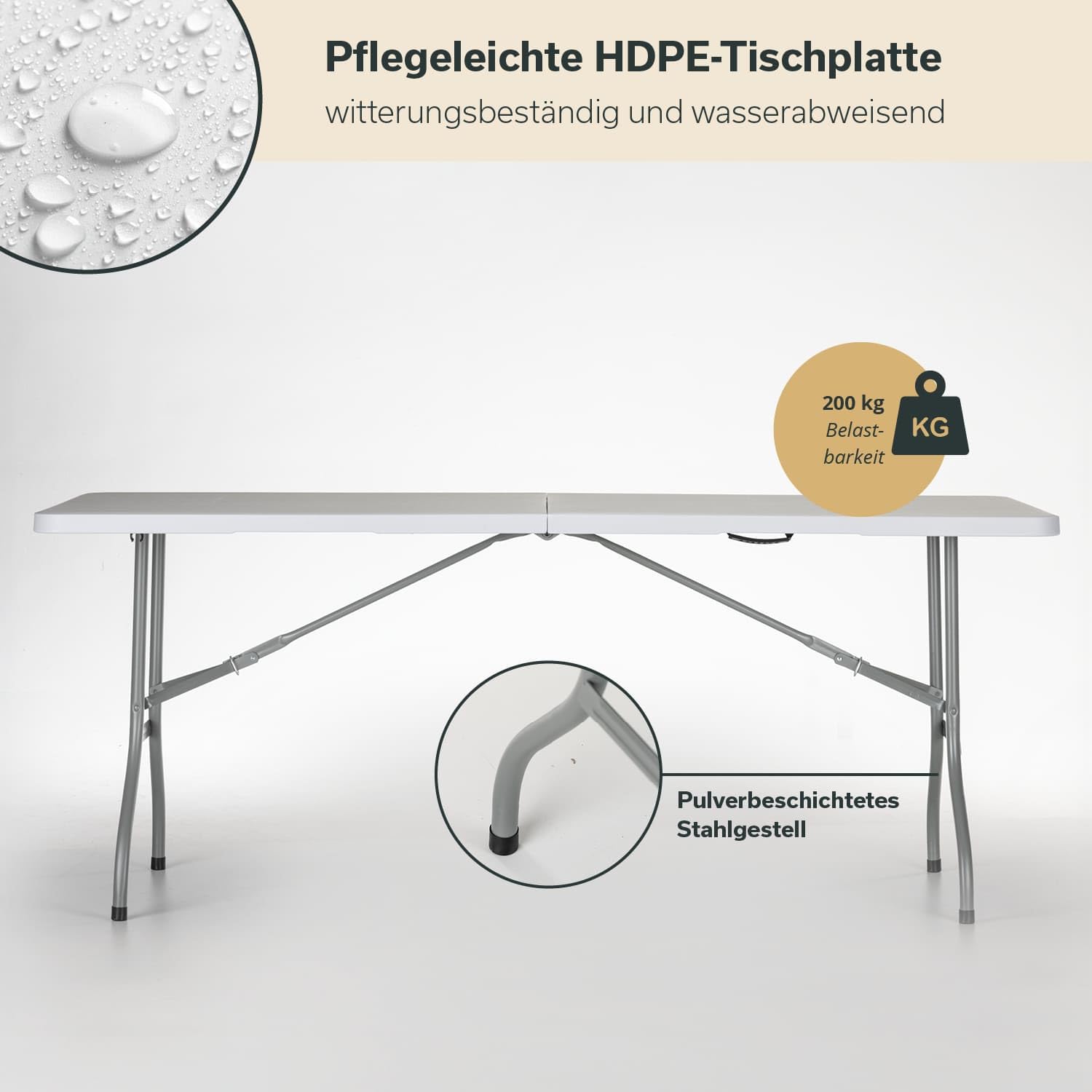 Skandika Masi Tavolo pieghevole/panca pieghevole/set tavolo e panche| panca fino a 300 kg, tavolo da giardino fino a 200 kg di portata, materiale HDPE riciclato (tavolo bianco)