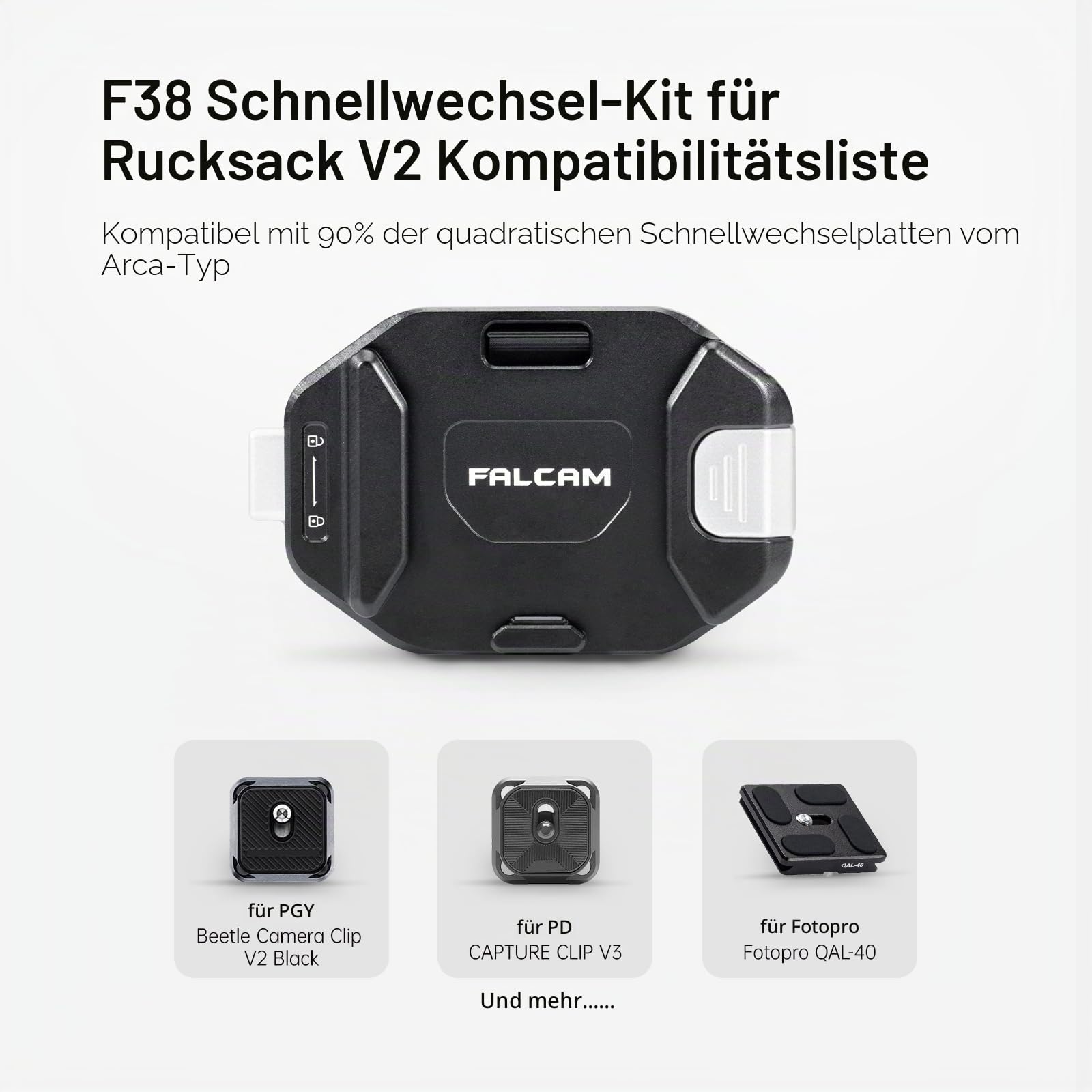 FALCAM F38 Kamera Clip V2 mit Platte Schnellwechselsystem, Kamera Gurt Halterung Rucksack mit 1/4" bis 3/8" Schraubgewinde, Arca-Swiss-kompatibel, Universal-Montagebasisadapter für Schultergurt
