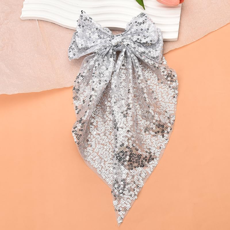 Sparkling Silver Rhinestone Hair Bow Sparkling Glitter Performance Hair Bow, Silver Color by  main image 3
