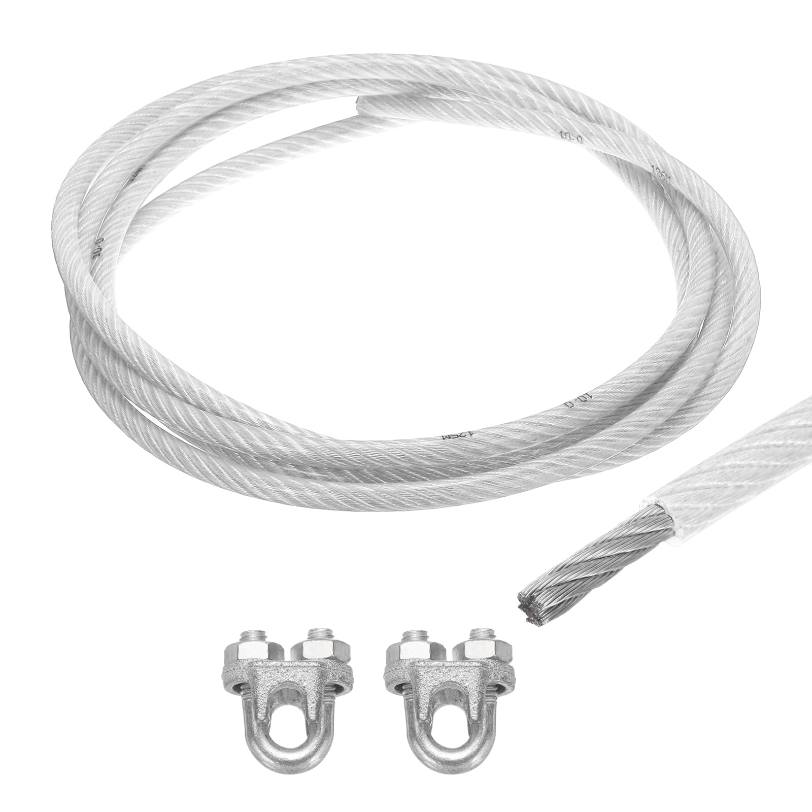 MECCANIXITY 10mm (3/8 inch) Clear Vinyl Coated Wire Rope, 3meter /10ft Galvanized Steel Cable Wire Rope with 2PCS M10 Loop Sleeves for String Light Hanging, Deck Railing, Garden Wire