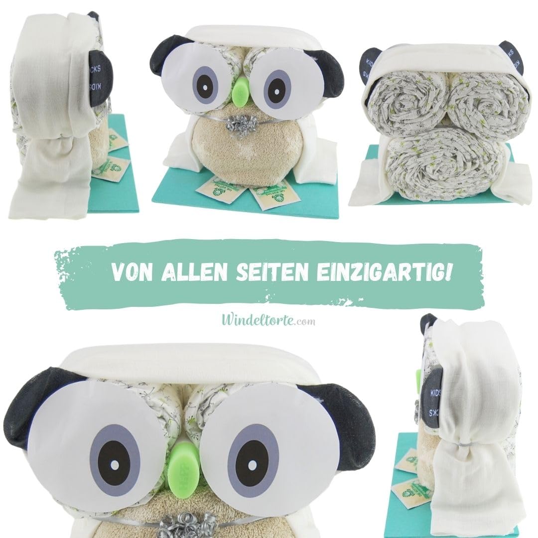 Eulen Torte Unisex Neutral - Neugeborenen Geschenk Geburt [Freude Schenken] Babyparty Pullerparty Baby Socken Erstausstattung 0 Monate Feuchttücher Spucktücher - Torte bestellen…