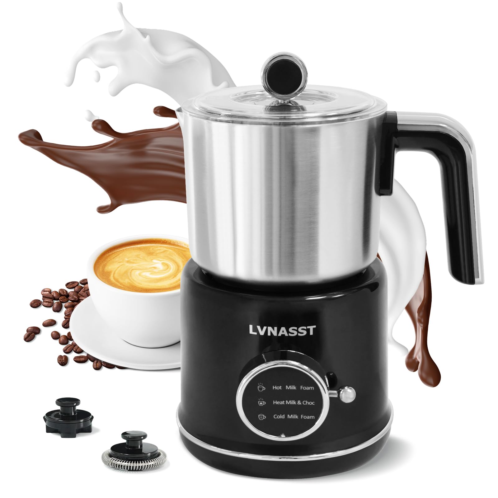LVNASST Milk Frother Warmer 3in1 Electric Milk Steamer Stainless Steel Foam Maker, 12oz Hot Cold Frothing, Thick Foam for Macchiatos, Cappuccinos (