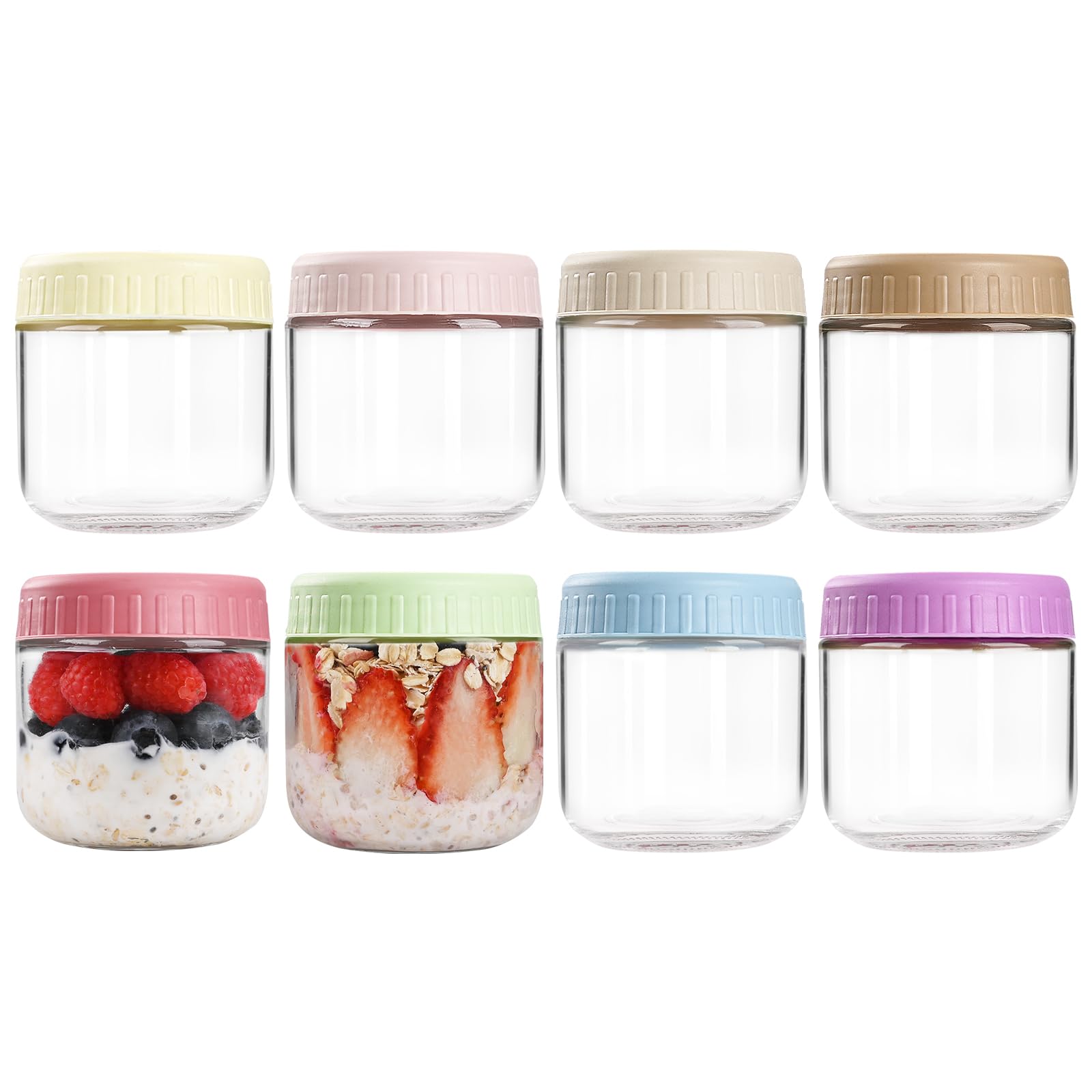 SHOWIN Overnight Oats Containers with Lids, 10oz Glass Jars with Lids 8 pcs, Wide Mouth Mason jars for Salad, Yogurt, Snacks, Meal Prep