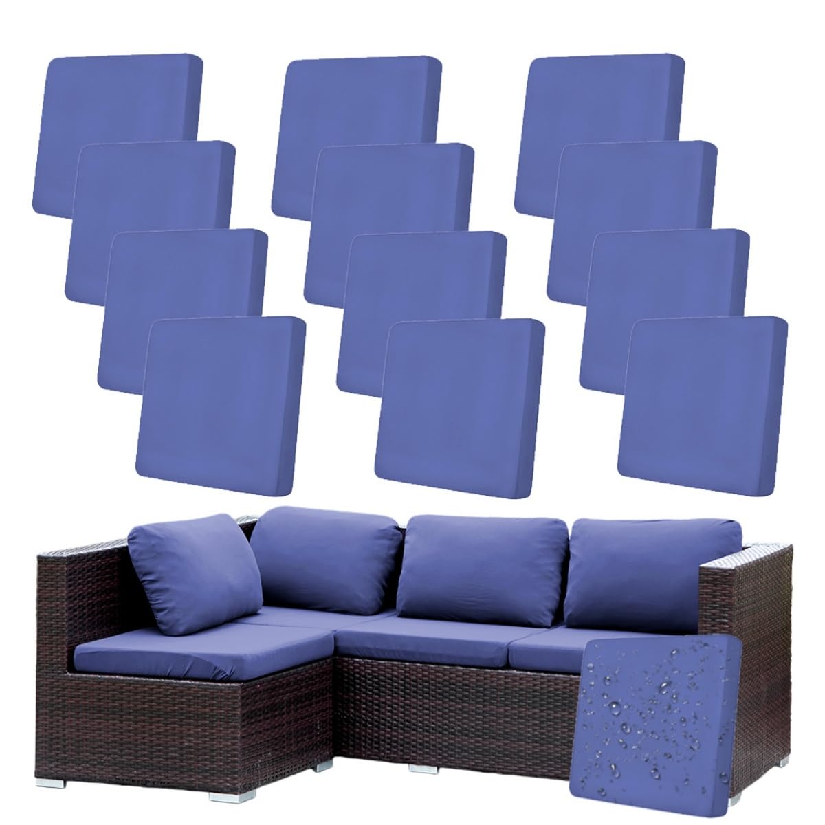 Hiseng Outdoor Cushion Covers Replacement 8/12 /14 PCS Water Resistant Patio Seat Cushion Covers for Garden Furniture Rattan Corner Sofa, Solid Color Soft Stretch Washable (Light purple,12PCS)