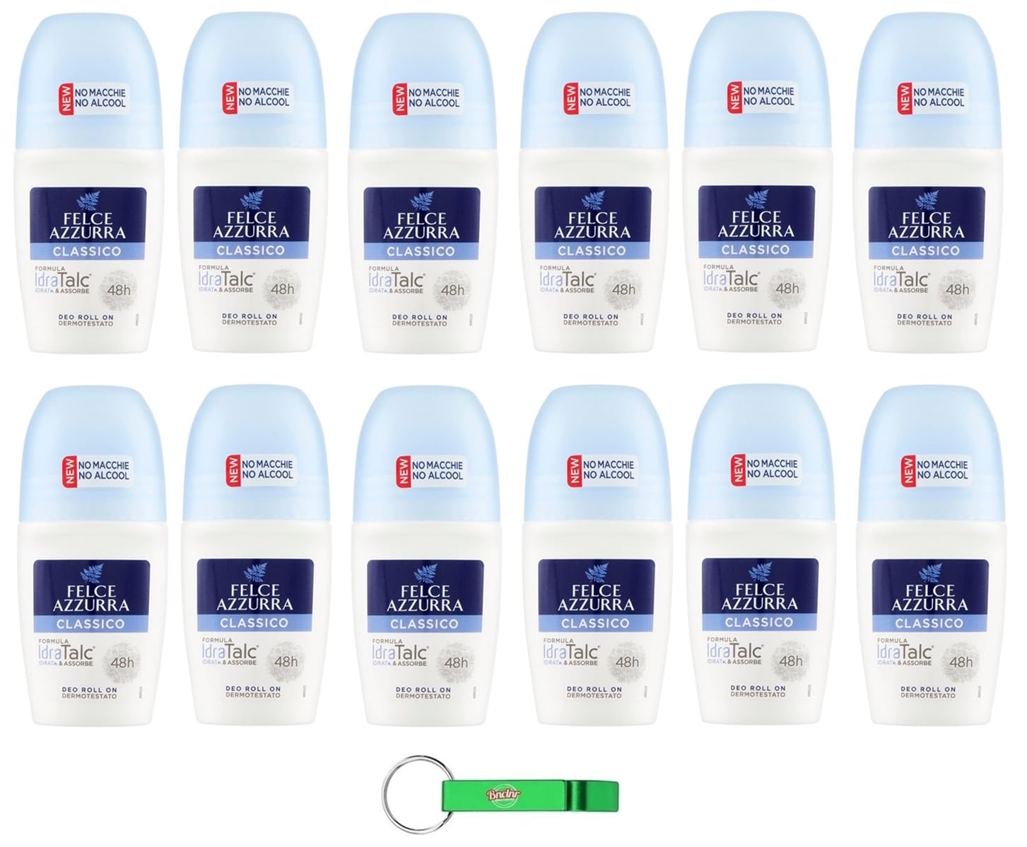 12x Felce Azzurra - Deodorant Roll On Classico con Formula IdraTalc, Wirksamkeit 48 Stunden, Keine Flecken, kein Alkohol - Deodorante 50ml + Beni Culinari Kostenloser Schlüsselanhänger