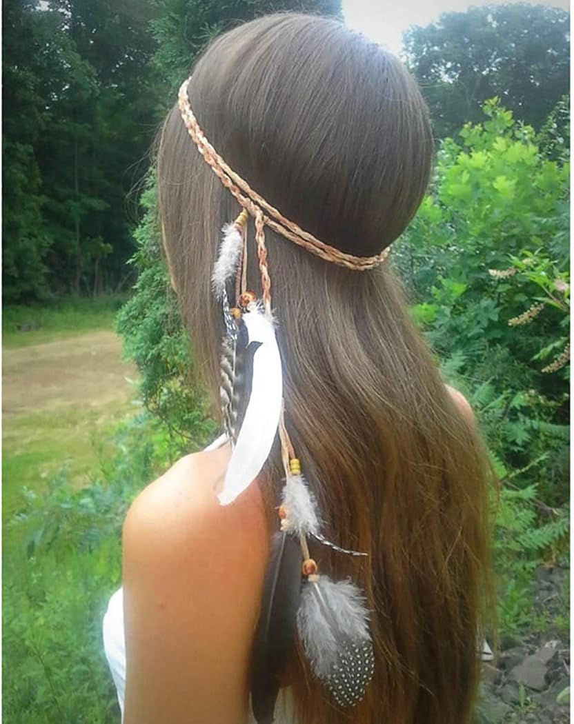 Gangel - Diadema de plumas indias gitana hippie con borla de pluma negra cuerda de cáñamo para festivales disfraces carnaval color marrón joyería de