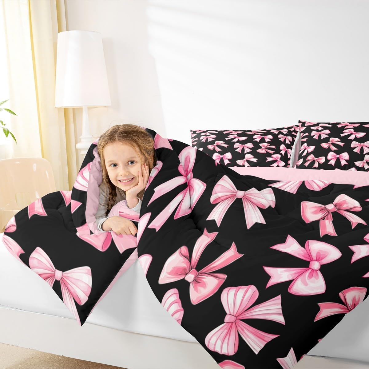 Feelyou Kawaii Pink Bow Comforter Set Twin Dreamy Princess Style Bedding Set Cute Bowknot Duvet Quilt Gifts for Women Teen Girl,Bedroom Decor Cute Coquette Bow Knot 2 Pcs with 1 Pillow Cases