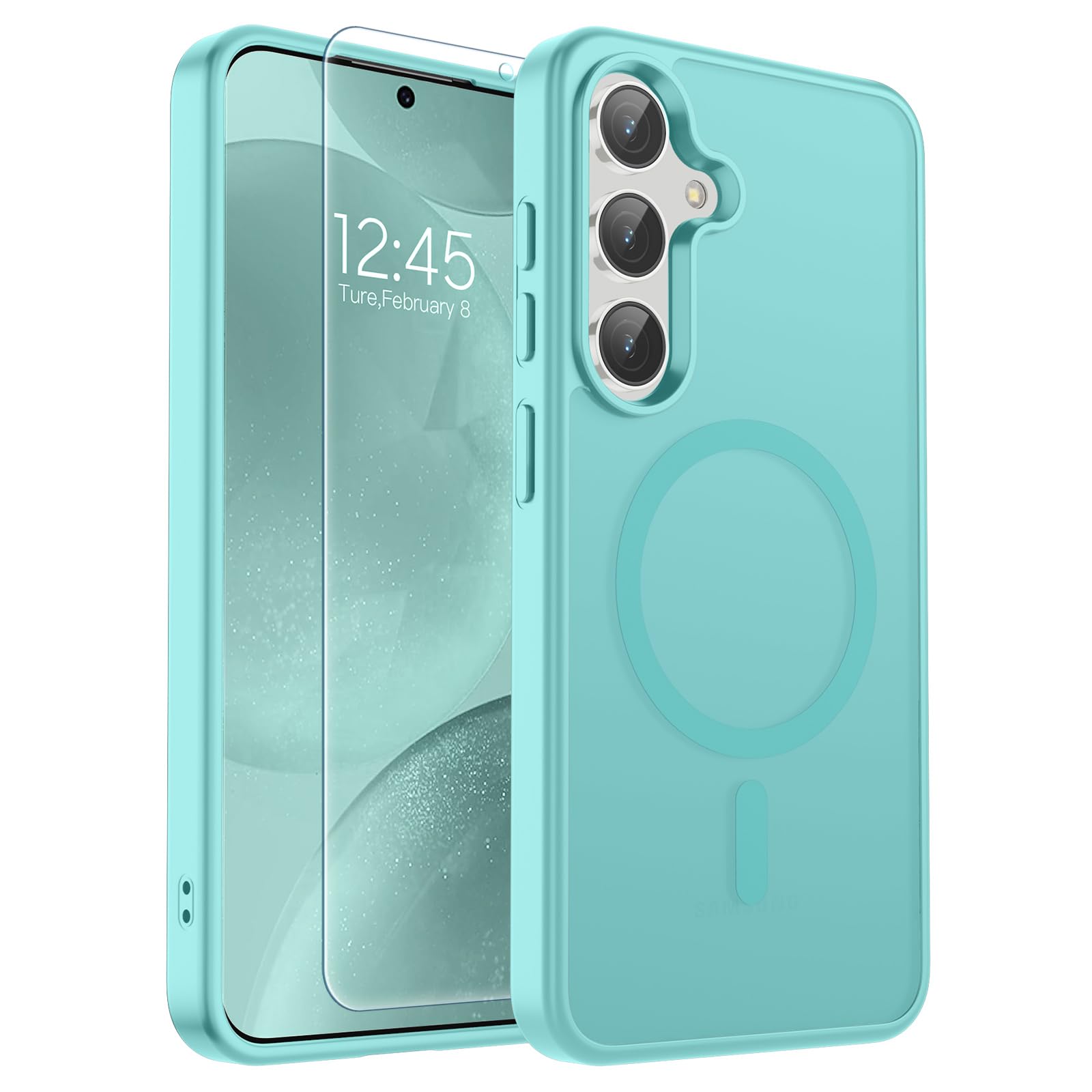 SUPFINE Magnetic for Samsung Galaxy S24 Case / S25 Case with Screen Protector, (Built-in Magnets) (Military Grade Drop Protection) Slim Translucent Shockproof Phone Case,Blue Green