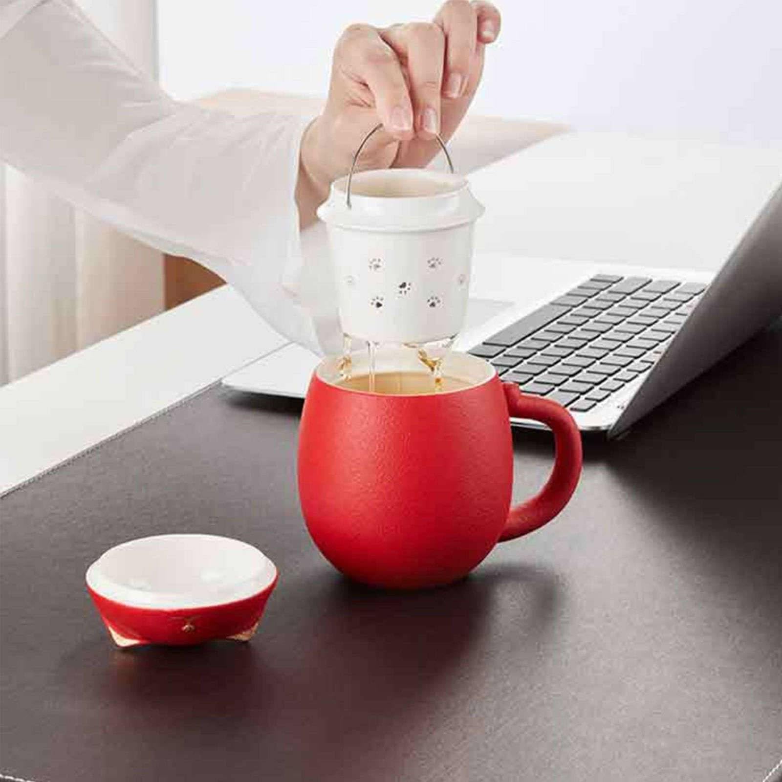 Tazza da tè in Porcellana/Ceramica con infusore per Foglie sfuse, Creativo Portafortuna con infusore per tè a Forma di Gatto con Coperchio, 350 ml, Tazza da tè Portatile verde-400