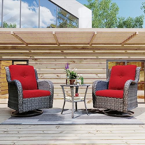 Joyside Outdoor 360 Degree Swivel Rocker Patio Chairs Sets Of 2 And Matching Side Table - 3 Piece Wicker Patio Bistro Set Patio Swivel Rocker Chairs With Olefin Fabric Cushion(Brown/Red) #TOP1