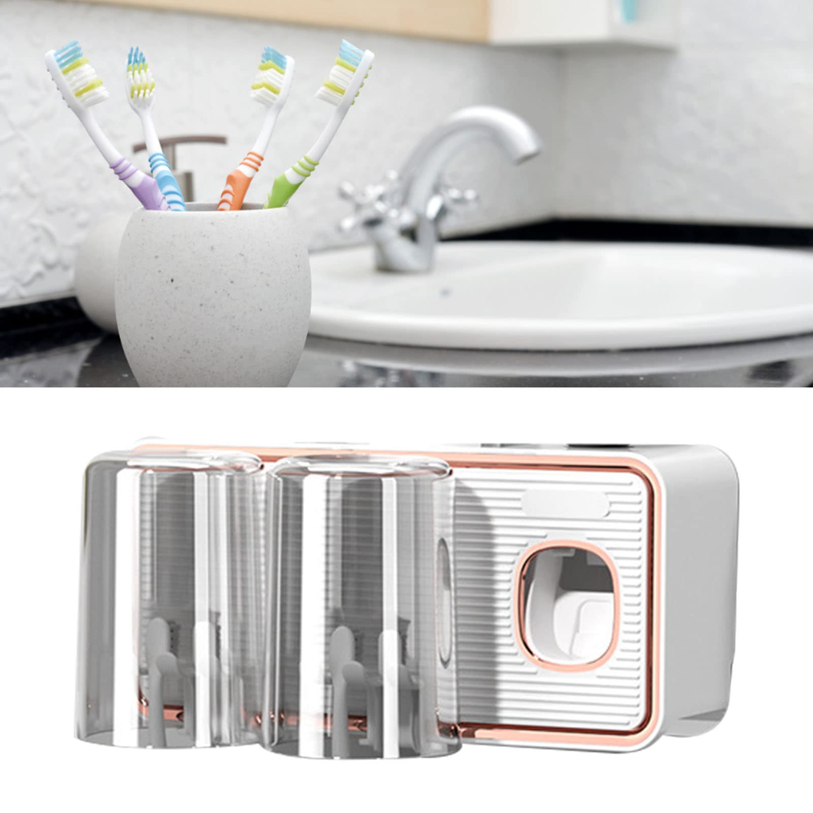 Estante para cepillos de dientes sin perforaciones con dispensador automático de pasta de dientes