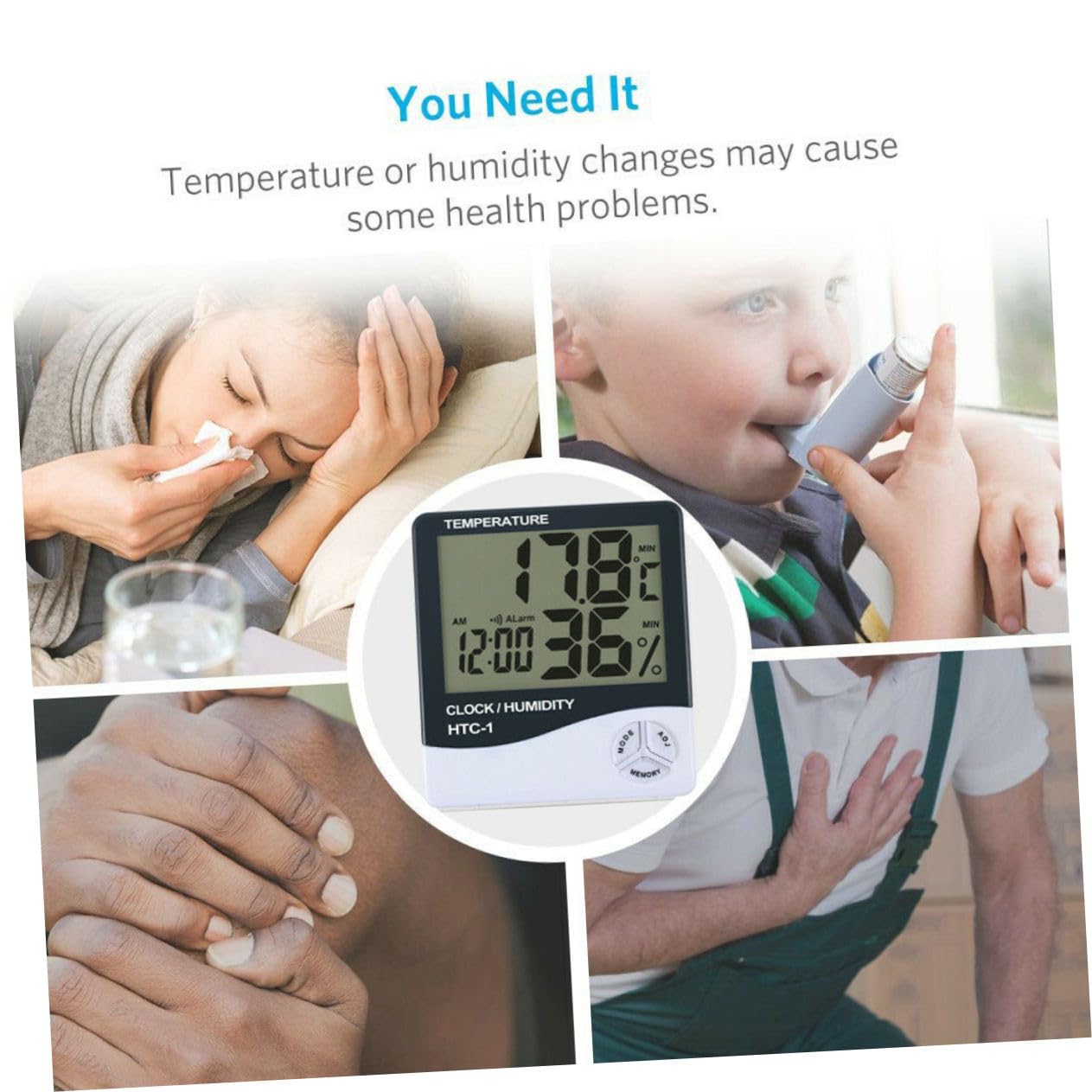 SEWOART Electronic Thermometer Digital Clock Humidity Meter Digital Thermometer Home Thermometer Indoor Hygrometer Home Hygrometer Indoor Thermometer White Desk Clock Alarm Clock