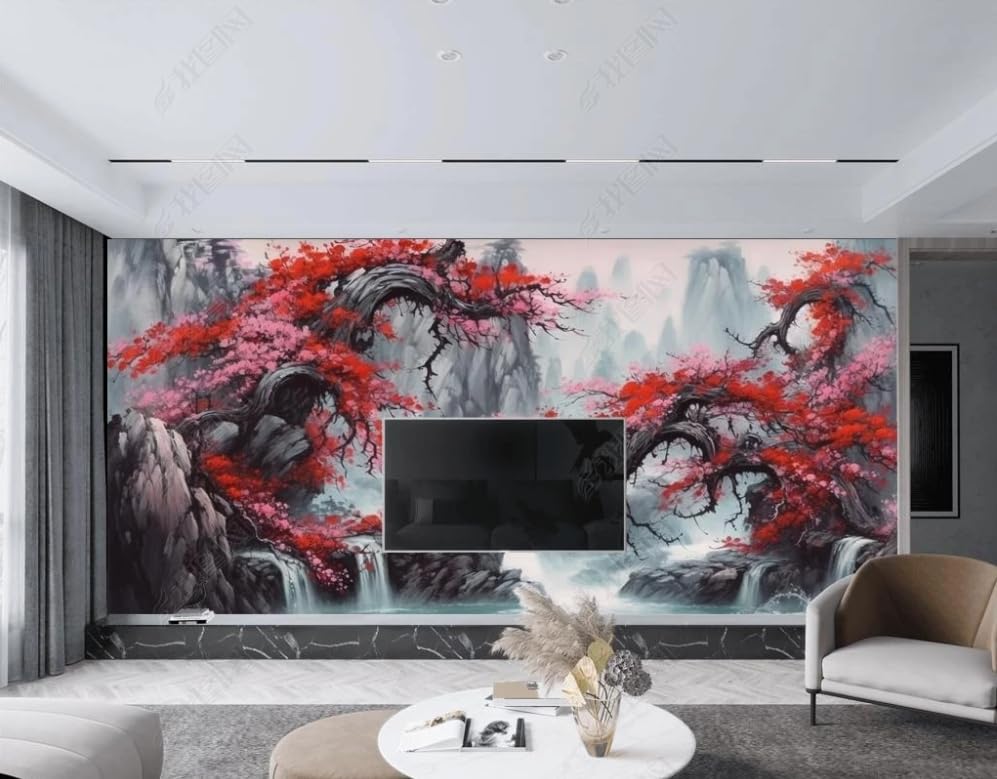Papier peint intissé fleur de prunier rouge pour instaurer une ambiance zen dans votre chambre