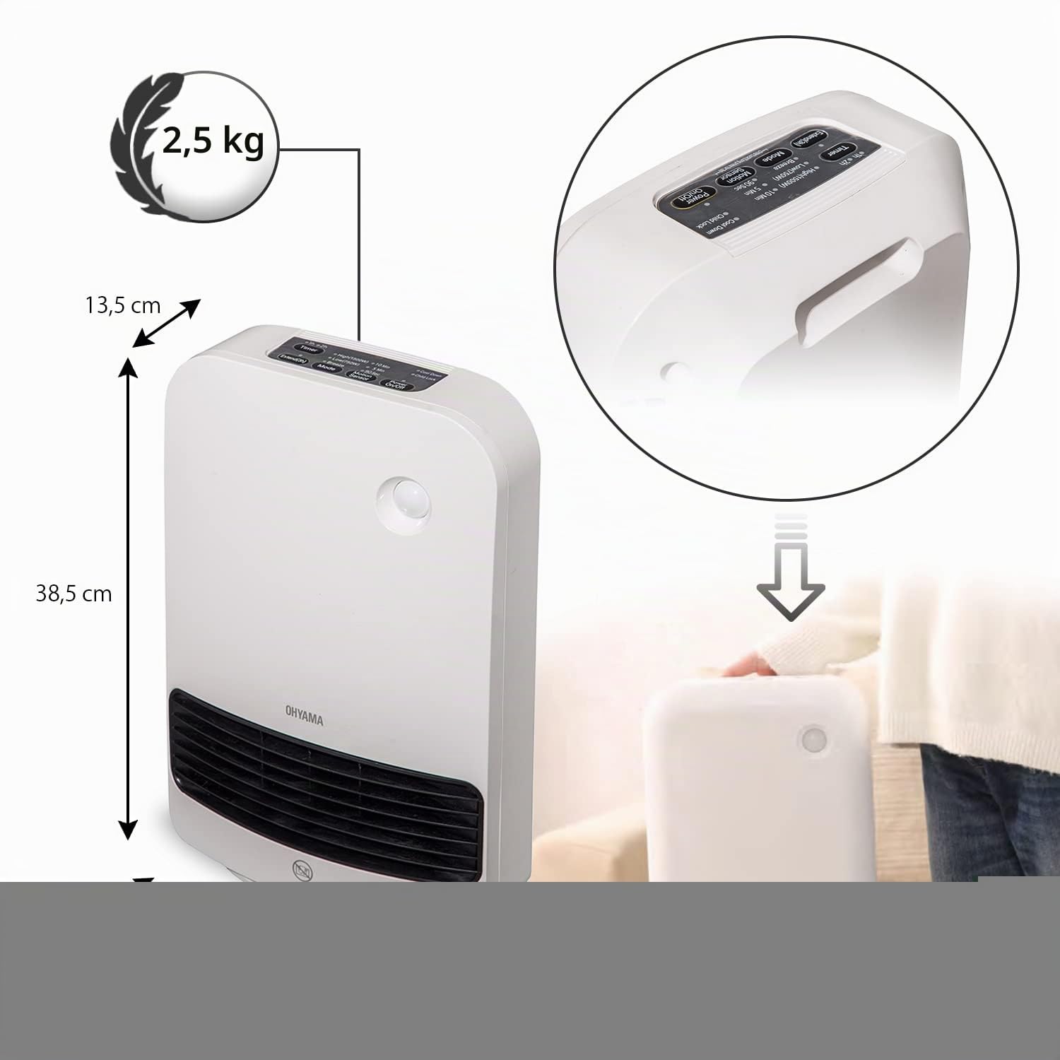 Iris Ohyama, Riscaldatore compatto/Radiatore mobile in ceramica, Portata 90cm, 1500W, Rilevatore di movimento per il risparmio, Timer, Bagno, soggiorno - Ceramic Fan Heater JCH-15TD4 - Bianco