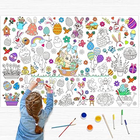 Landifor 2pcs Easter Coloring Posters 50”x 34” Bunny Chick Egg Color-in Paper Table Cover Large Easter Coloring Tablecloths Activity for Kids Easter Spring Holiday Classroom School Party Decor Cover
