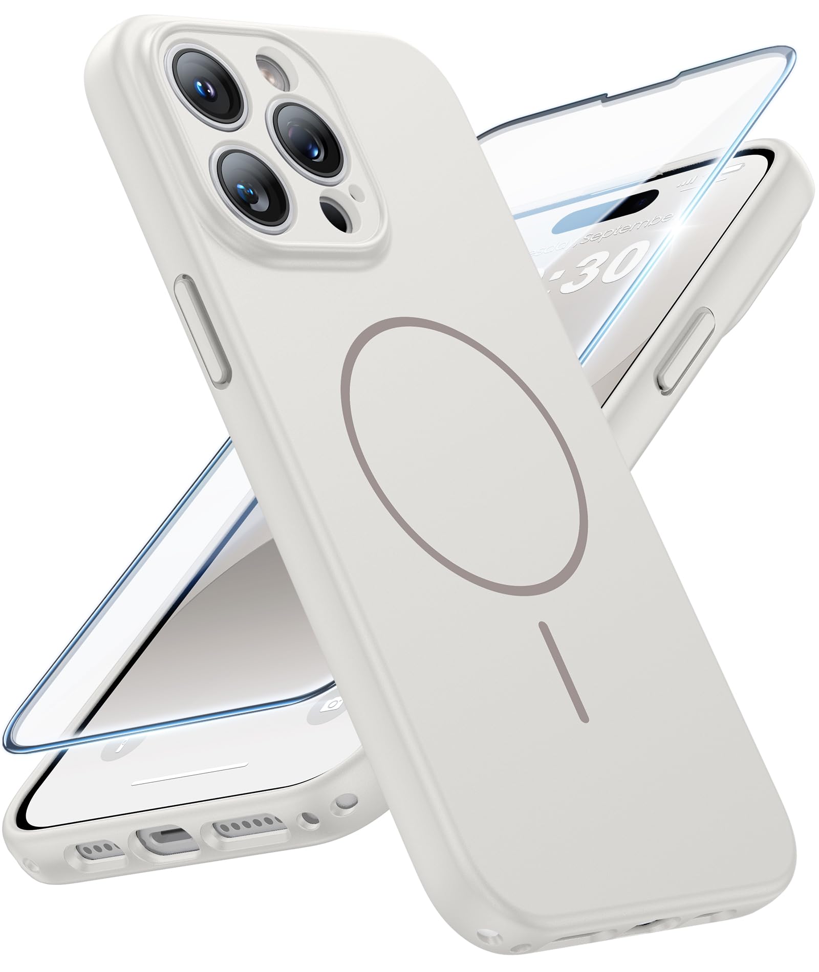 FNTCASE for iPhone 14 Pro Max Case White: Compatible with MagSafe | With Screen Protector, Translucent Magnetic Full Camera Protection, 14FT Military Grade Drop Tested, Matte Shockproof Cover