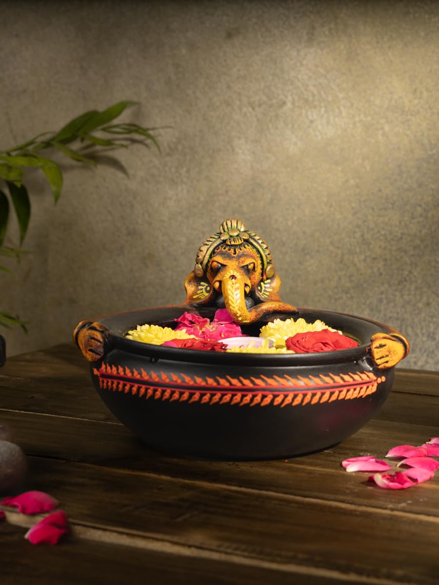 Terracotta Handmade Decorative Bowl/Ganesha Urli/Flower Pot - Black