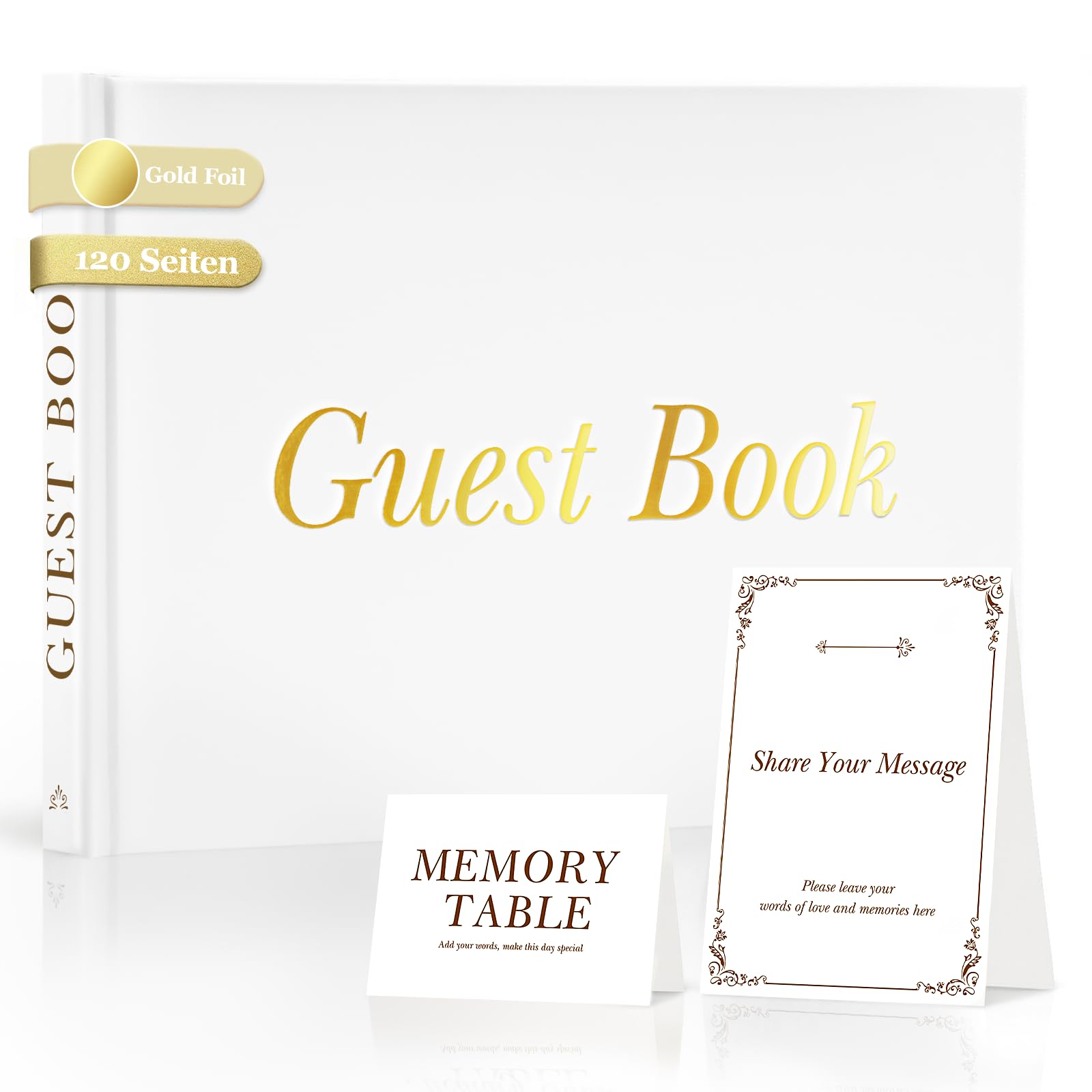 Wedding Guest Book Set, Smooth White Hardcover, Gold Foil, 120 Blank Pages โ image 1