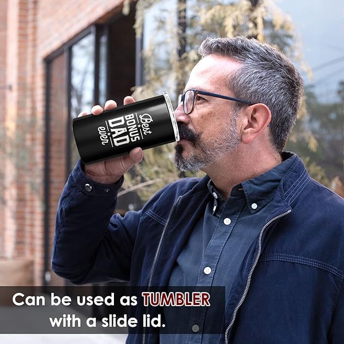 Image of SANDJEST Bonus Dad Tumbler Gifts from Step Daughter Son - 12oz 4 in 1 Design Step Father Tumbler Cup Can Cooler - Best Bonus Dad Ever Insulated Cans Coozie Christmas, Birthday, Father's Day Gift