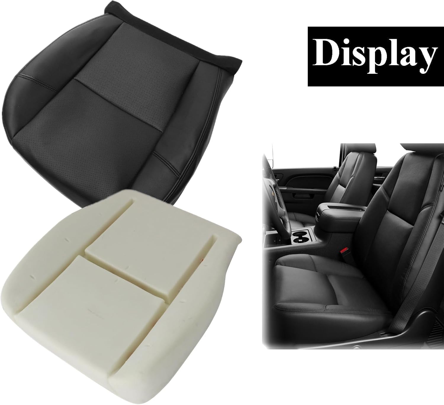 NLQR Driver or Passenger Bottom Perforated Leather Seat Cover & Foam Cushion #194 196 197Black Compatible with Cadillac Escalade Compatible with Chevy Tahoe 2007 2008 2009 2010 2011 2012 2013 2014