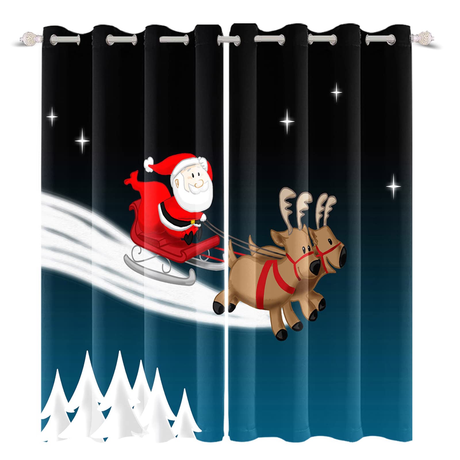 Renaiss Santa Claus Curtains 29Wx45L inch Cute Cartoon Santa Claus and Deers Snowy Pine Tree Window Drapes Christmas Eve Blackout Window Drapes Set of 2 Panels for Kids Bedroom Living Room