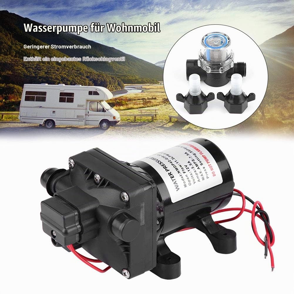 Druckwasserpumpe 12V DC, 30 psi/3,1 bar, Schwarz, PVC und Kupfer, 26,4 x 14,3 x 13 cm, für Wohnmobil