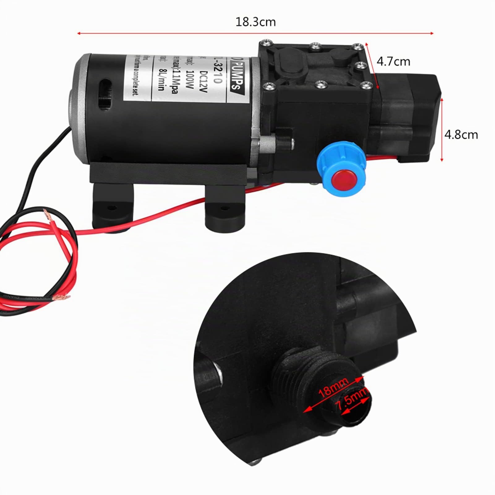 Wakects Pompe à Eau Haute Pression 12V 100W, Auto-amorçante 8L/Min, pour Camping Car, Bateaux, Caravanes, Jardin