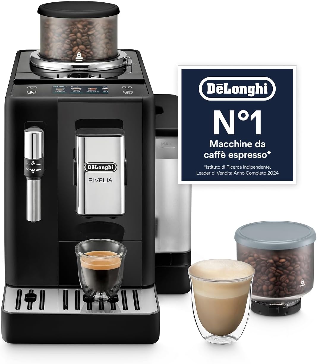 De’Longhi Rivelia – Perfetto Macchina da Caffè Automatica, Montalatte Classico, 8 Bevande in un Solo Tocco, Display Touch a Colori, Contenitori Chicchi di Caffè Intercambiabili, Nero (EXAM440.35.B)