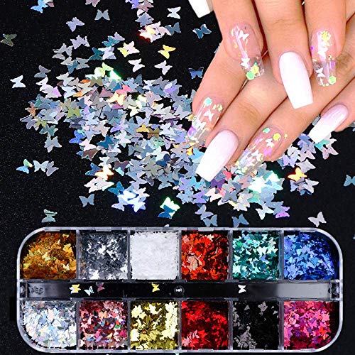 BFY Butterfly Nail Art Sequins Nail Decorations Nail Art Stickers Decals for Women Holographic Glitter Butterfly Nail Stickers Manicure12 Grid Dreamy Colorful Nail Art Supplies Accessories