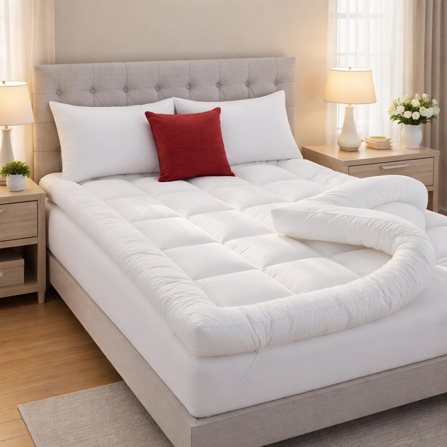 Extra Thick Mattress Topper Bed 10cm Hotel Quality Microfiber Filled Box Stitched Quilted 4" Topper with Corner Straps Hypoallergenic Soft and Firm Hotel Quality (Super King)